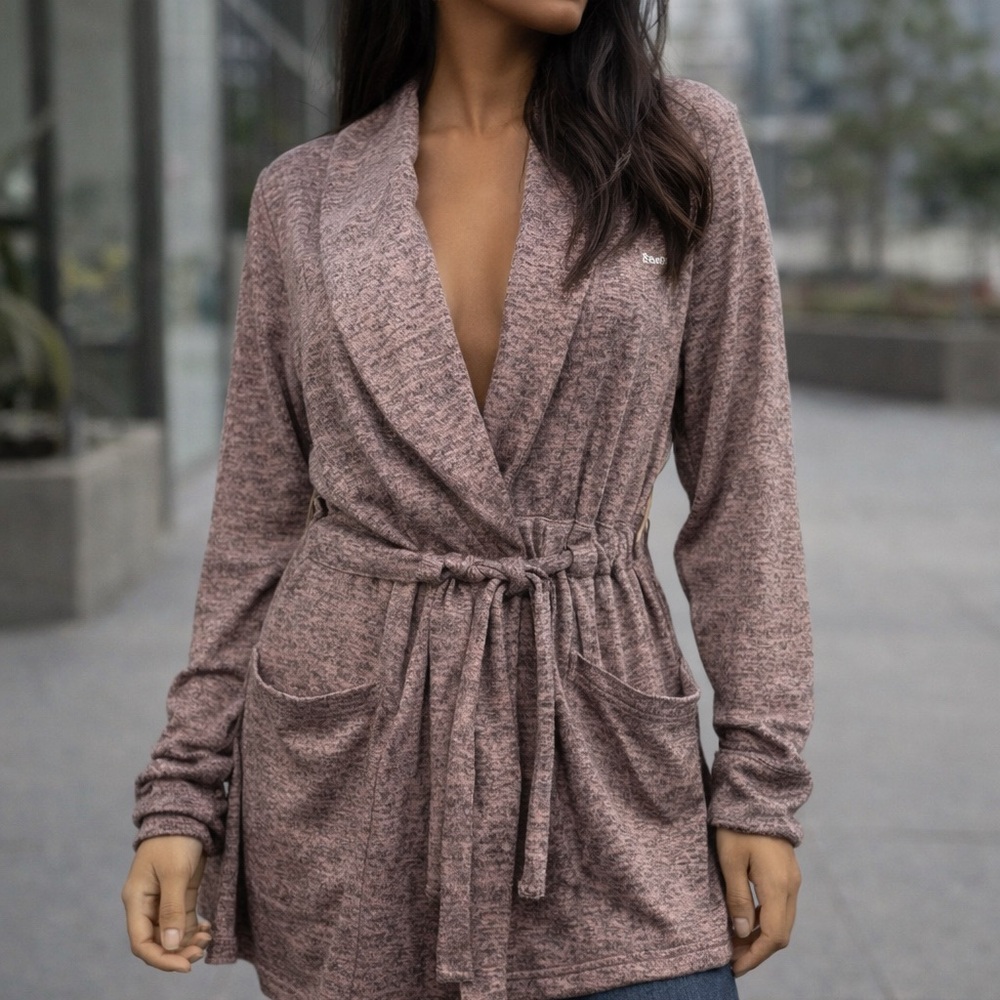Reebok Open Front Cardigan knit sweater Belted Pink Gray Size 2XL